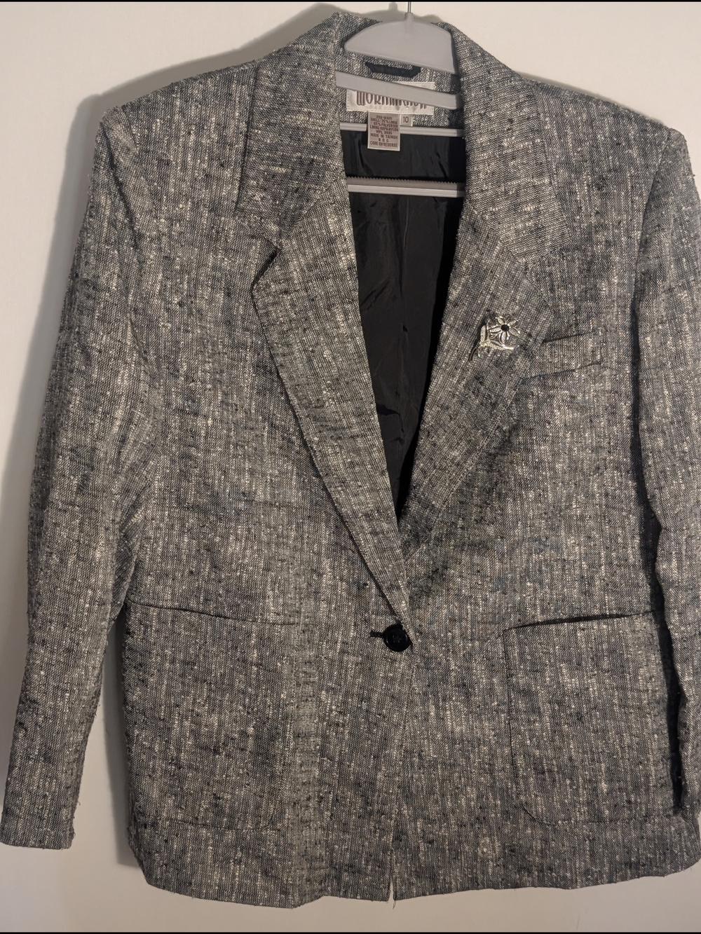 Vintage 90s Worthington Linen Blend Blazer Jacket Grey Tweed Textured Size 10